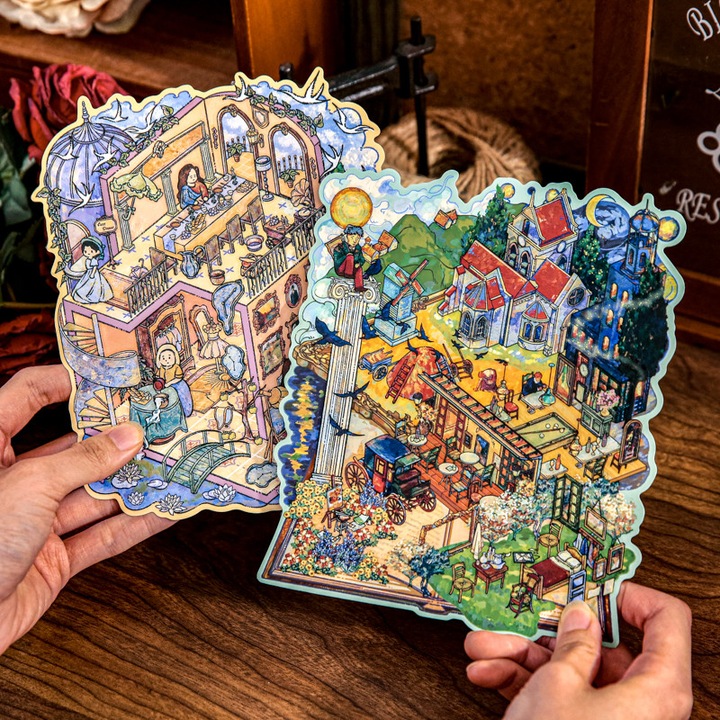 Комплект 3D декоративни стикери мини къщички, 2 сцени, Ръчно изработени, Направи си сам, Празнични подаръци, стикери за деца, многоцветни, сини