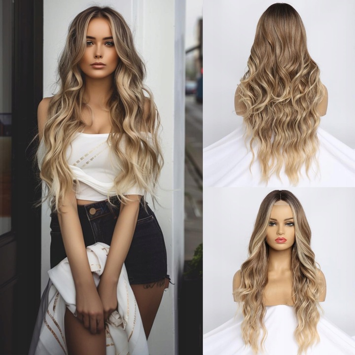 Perucă lungă ombre blond, 65 cm, ondulată, confortabilă, dantelă frontala