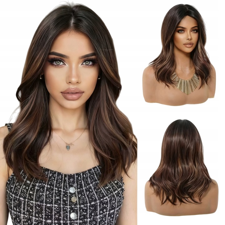 Perucă sintetică brună, lungă, ondulată, cu breton, set cu cască, dimensiune ajustabilă