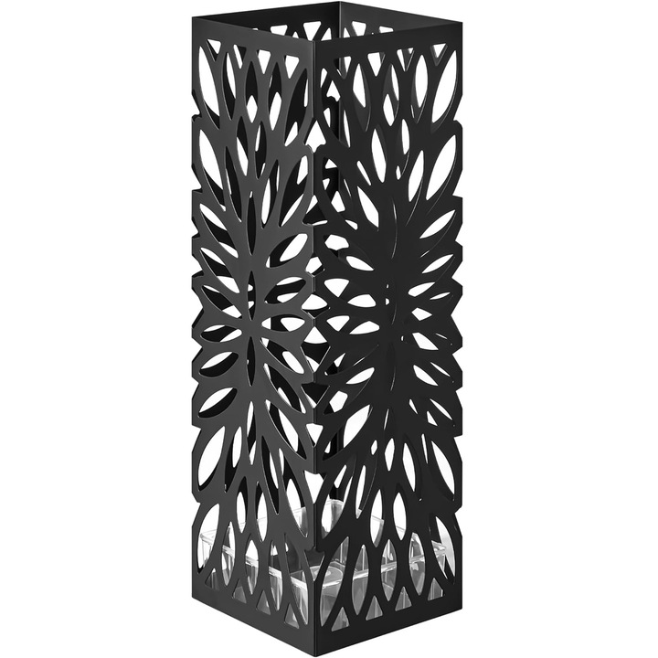 Метална стойка за чадъри, с кукички и тава за отцеждане, 16x16x49 см, черна