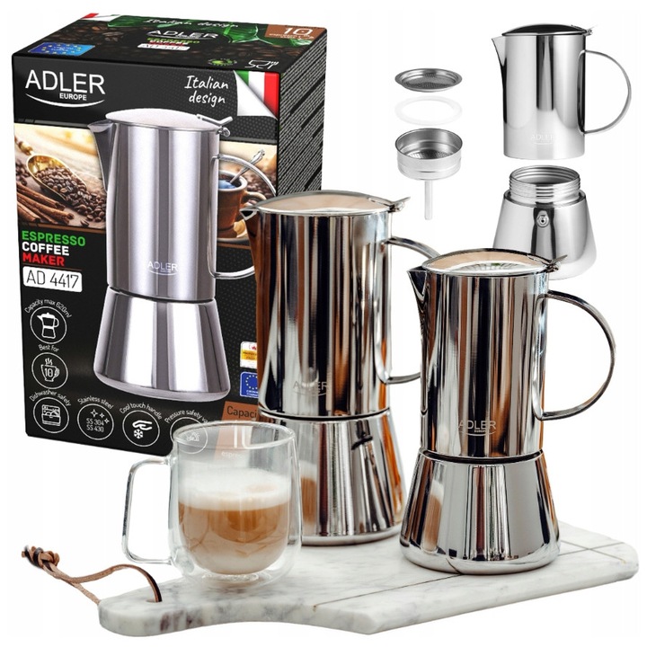 Cafetiera Espresso 620ml, inox, argintie, design compact