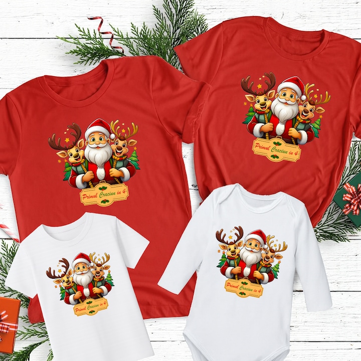 Set Tricouri Personalizate Familie "Primul Craciun in 4", 2 Tricouri Adulti Rosii + Body Alb Copil + Tricou Alb Copil, 100% Bumbac, S-XXL