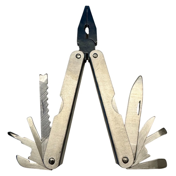 Patent multifunctional din inox cu 8 lame aditionale, 15 functii de utilizare, reparatii, drumetii, camping