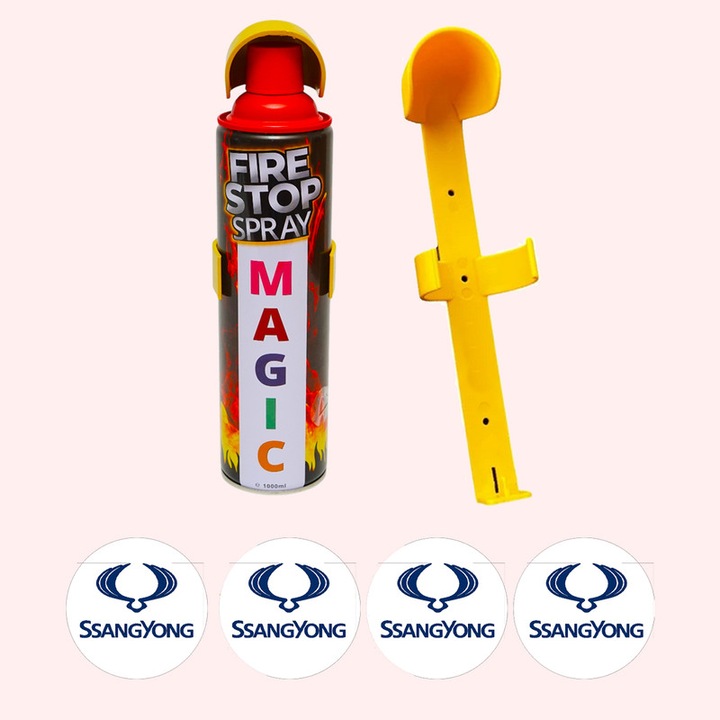 Stingator extinctor spray cu suport de prindere, Auto, Birou, Locuinte, Spatii Comerciale, Magic, capacitate 1000 ml, 4 Stickere auto cu Ssangyong