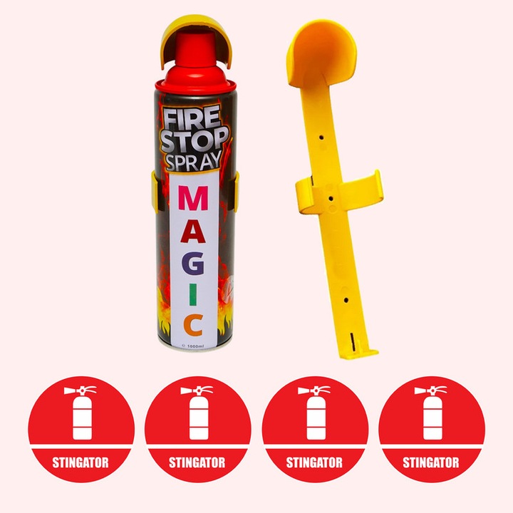 Stingator extinctor spray cu suport de prindere, Auto, Birou, Locuinte, Spatii Comerciale, Magic, capacitate 1000 ml, 4 Stickere cu "Stingator"