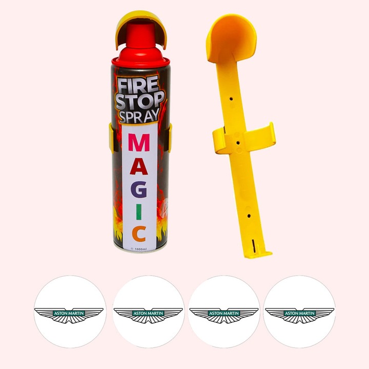 Stingator extinctor spray cu suport de prindere, Auto, Birou, Locuinte, Spatii Comerciale, Magic, capacitate 1000 ml, 4 Stickere auto cu Aston-Martin