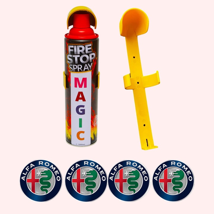 Stingator extinctor spray cu suport de prindere, Auto, Birou, Locuinte, Spatii Comerciale, Magic, capacitate 1000 ml, 4 Stickere auto cu Alfa-Romeo