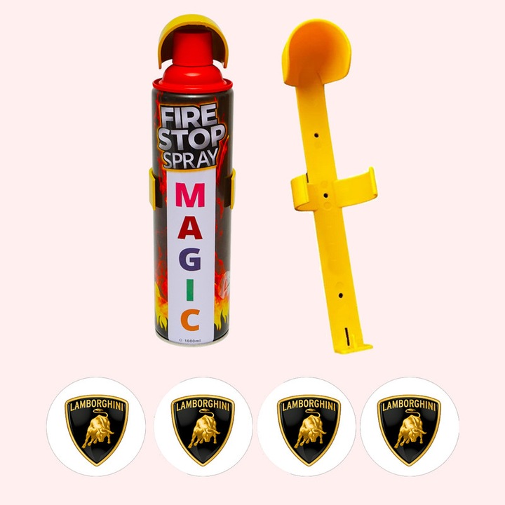 Stingator extinctor spray cu suport de prindere, Auto, Birou, Locuinte, Spatii Comerciale, Magic, capacitate 1000 ml, 4 Stickere auto cu Lamborghini