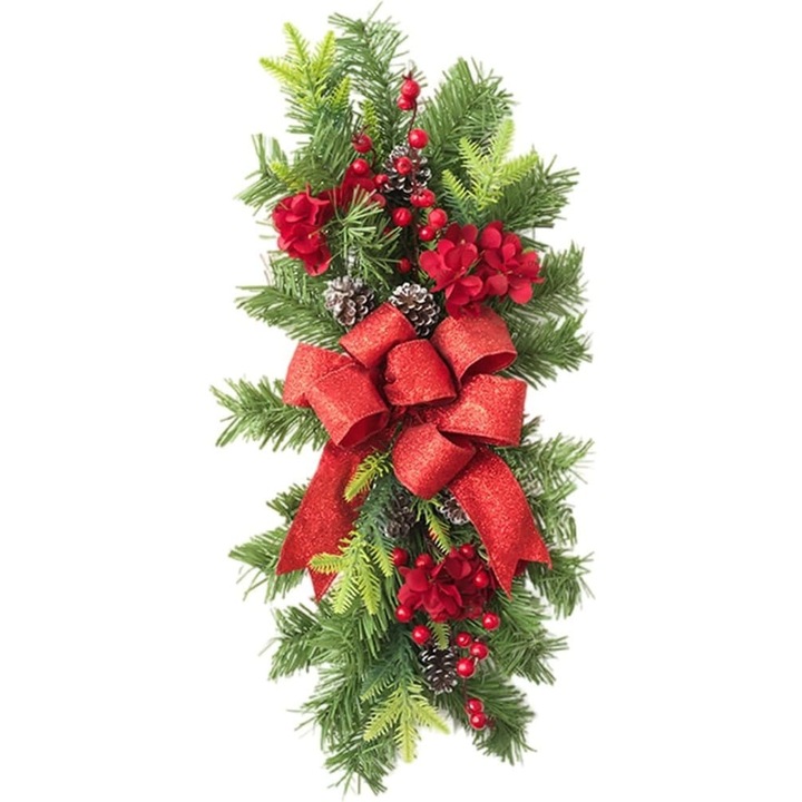 Ghirlanda pentru scara sau usa, 55 cm cu coacaze rosii, brad artificial, flori si funda eleganta - decor Craciun