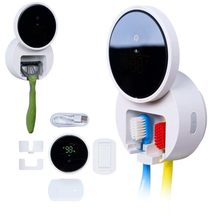 Sterilizator inteligent ZENT® Uveo Plus – tehnologie Dual-LightCare™ UV-C + UV-A, uscare ThermoDry™ 60°C, capac cu deschidere automata, 3 suporturi interschimbabile, baterie 1000 mAh, montaj fara gaurire, Alb