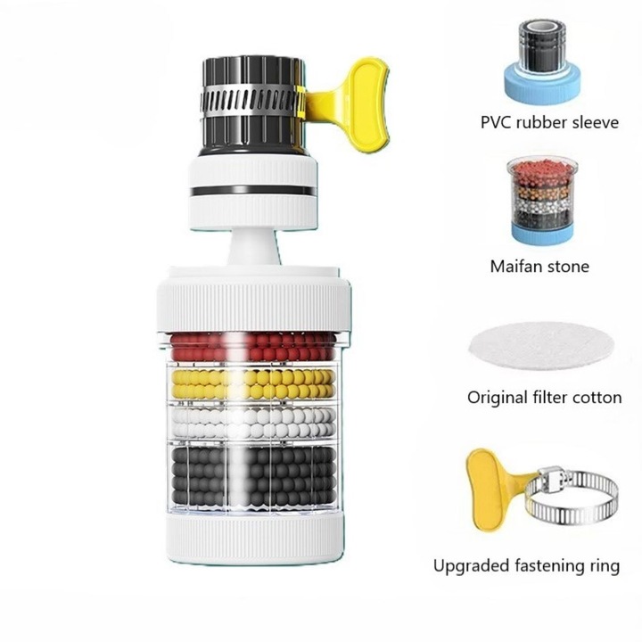 Filtru pentru robinet cu 6 etape de filtrare, antipicurare, rotativ 360 grade, carbune activ, Elimina clorul, fluorul, metalele grele si apa dura, Pentru bucatarie si baie, Alb
