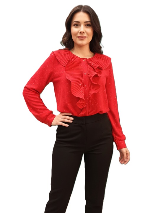 Camasa dama rosie – Volane si detalii stralucitoare, marime unica (recomandata S–M)