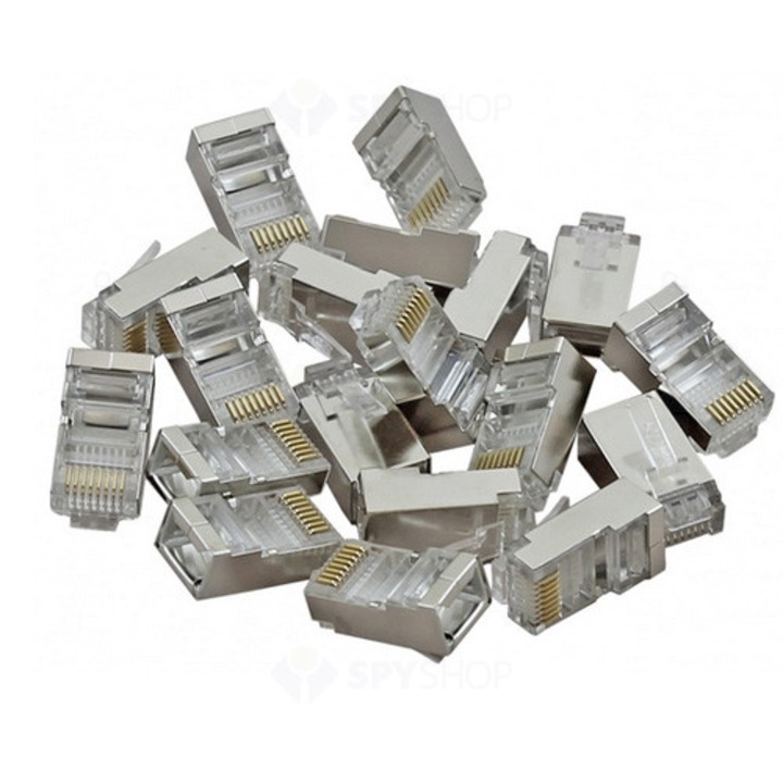 PACHET 20 X Mufa RJ45 UTP/FTP cat 5E Ecranata, carcasa PVC - Ecranaj metalic, 8 pini 8P8C, pentru cablu de retea UTP sau FTP