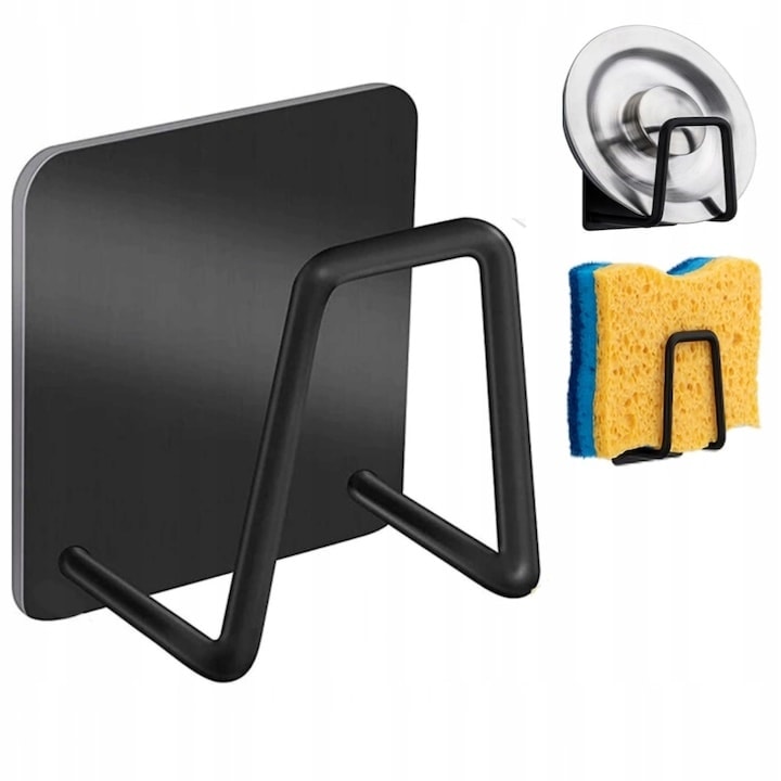 Suport universal autoadeziv pentru burete, otel inoxidabil, cu capac, rezistent la umezeala, 5x5 cm, negru – organizator compact pentru chiuveta si blat