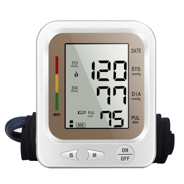 Tensiometru Digital Automat, Tensiometru De Brat Digital Fara Fir, Masurare Tensiune Diastolica/Sistolic, Ecran LED, 198 Memorii pentru 2 Utilizatori, Manseta Reglabila 22-42cm, All-In-One, Alb