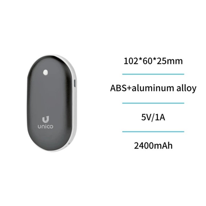 Incalzitor de maini, Unico, Negru, cu doua fete, 2400 mAh, portabil, material ABS + aliaj de aluminiu