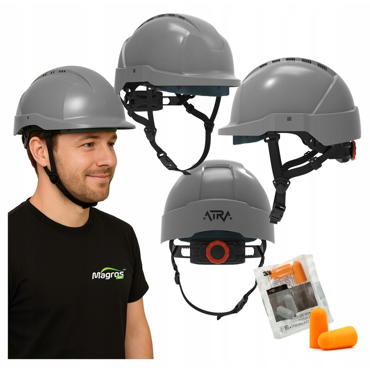 Casca de protectie industriala Protekt ATRA 10V, ventilata, gri, ABS, 51-63 cm, cu dopuri antifonice 3M 1100
