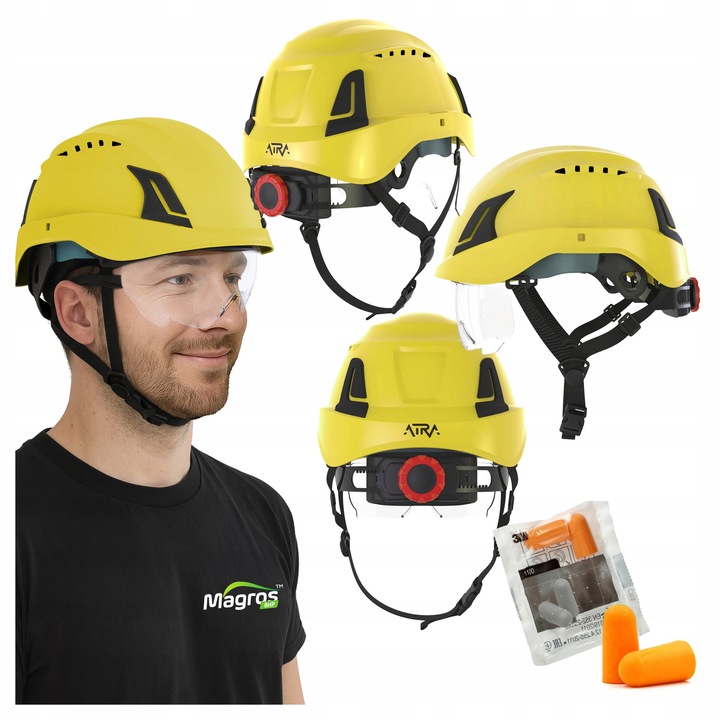 Casca de protecție Protekt Atra 50V, galben, ventilată, cu vizieră retractabilă, 51-63 cm