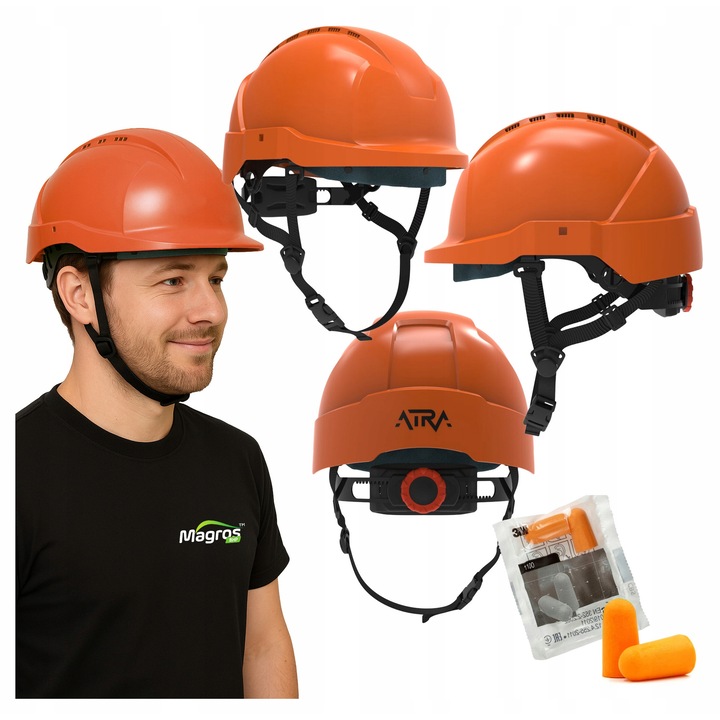 Casca de protecție Protekt ATRA 10V, ventilată, portocalie, 51x63cm, inclusiv dopuri antifonice 3M 1100