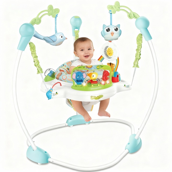 Saritor pentru copii cu Centru de Activitati Feicaeesa®, Baby Jumper, Scaun rotativ 360°, 3 trepte de inaltime, Perna detasabila pentru scaun, Sunete, Lumini, Jucarie, 6 luni+