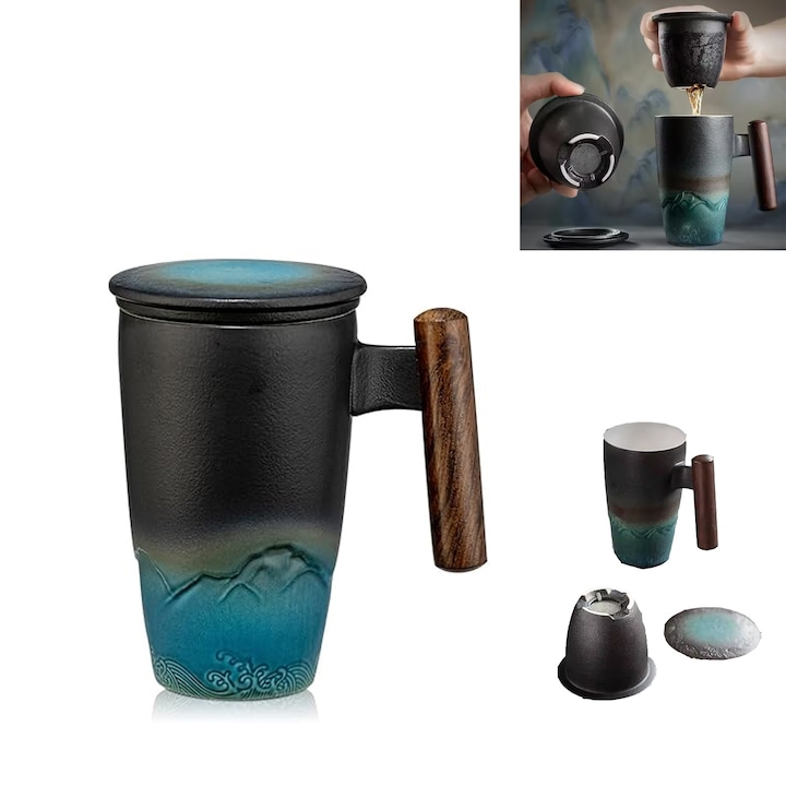 Cana cu capac si infuzor, asskanaer, Infuzor de ceai, Rezistent la temperaturi inalte, Antiexplozie, 305ml, Usor de utilizat si de curatat, Infuzor detasabil, Fara picurare, Plasa ultra fina, Design ergonomic, Ceramica, 13.7*12.1*7.8cm, Gri