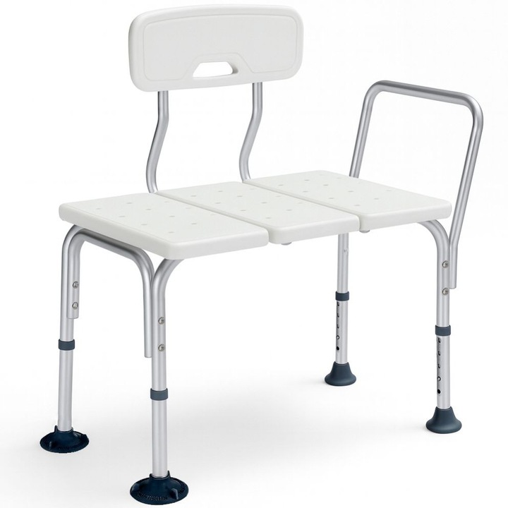 Scaun de baie tip banca pentru transfer cada sau dus, Linomag®, Inaltime ajustabila de maxim 69.5cm, Spatar si maner interschimbabile stanga/dreapta, Alb opal