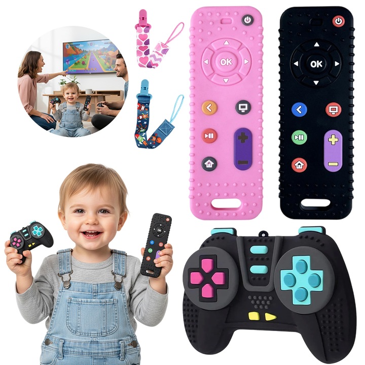 3 az 1-ben fogzási játék készlet - 2 fekete és rózsaszín távirányító játék és 1 fekete játékvezérlő játék - BPA-mentes szilikon