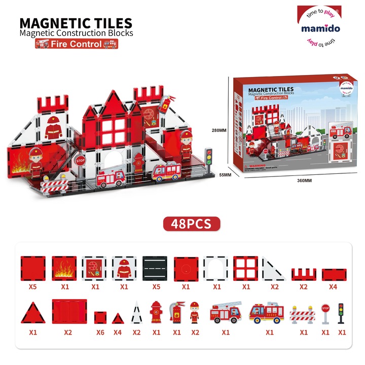 Mamido Магнитен конструктор пожарникари 48 части, пожарна станция MT1482