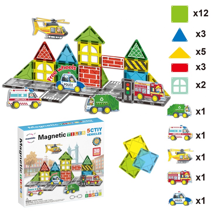 Mamido Магнитен конструктор „Градски трафик“ от 30 части, 5x служебни превозни средства MT1438