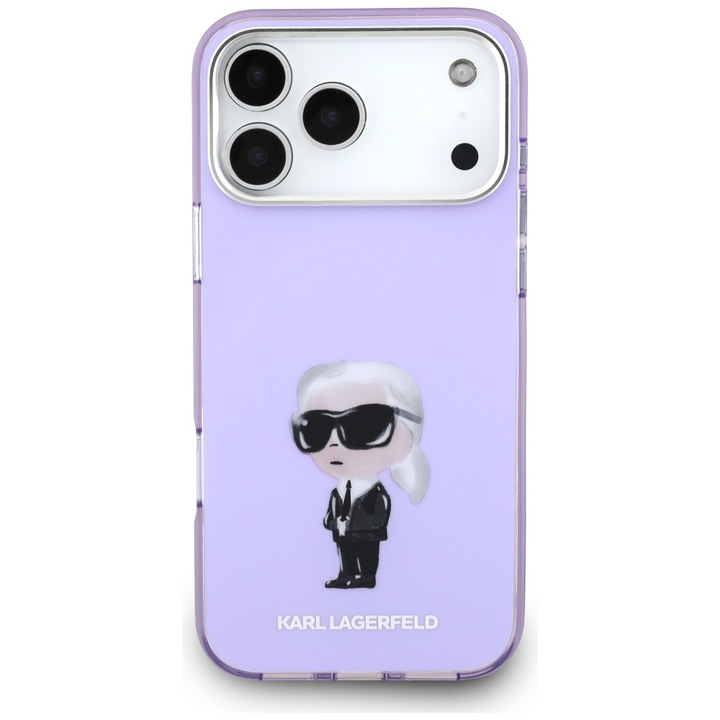 Калъф Karl Lagerfeld IML Aquarelle Karl and Choupette & Logo, Съвместим с iPhone 17 Pro Max, Лилав