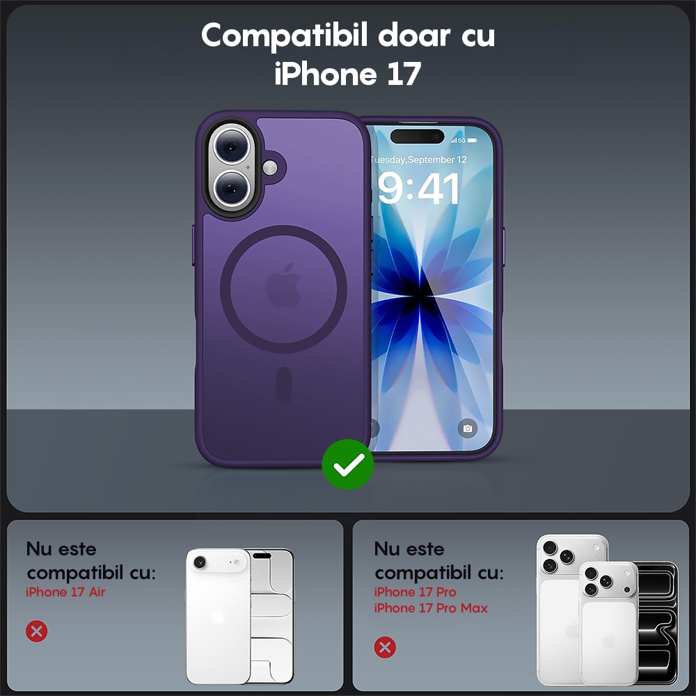 Husa compatibila cu Incarcare Magsafe pentru Apple iPhone 17, CASEY STUDIOS™, de Protectie, Slim, pentru Incarcare Wireless, Margini Ridicate pentru Protectia Ecranului si a Camerelor, Mov Inchis