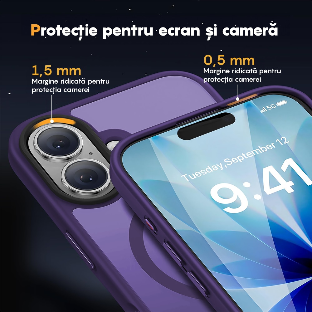 Husa compatibila cu Incarcare Magsafe pentru Apple iPhone 17, CASEY STUDIOS™, de Protectie, Slim, pentru Incarcare Wireless, Margini Ridicate pentru Protectia Ecranului si a Camerelor, Mov Inchis