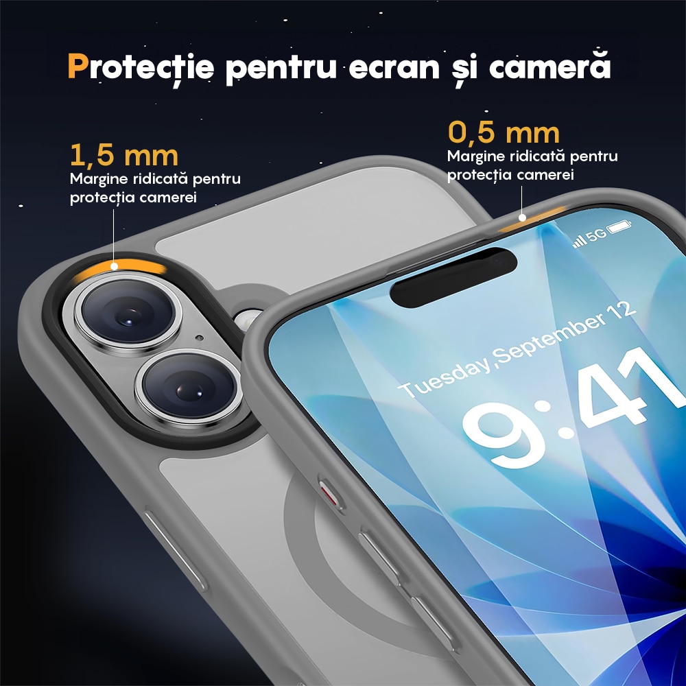 Husa compatibila cu Incarcare Magsafe pentru Apple iPhone 17, CASEY STUDIOS™, de Protectie, Slim, pentru Incarcare Wireless, Margini Ridicate pentru Protectia Ecranului si a Camerelor, Gri Deschis