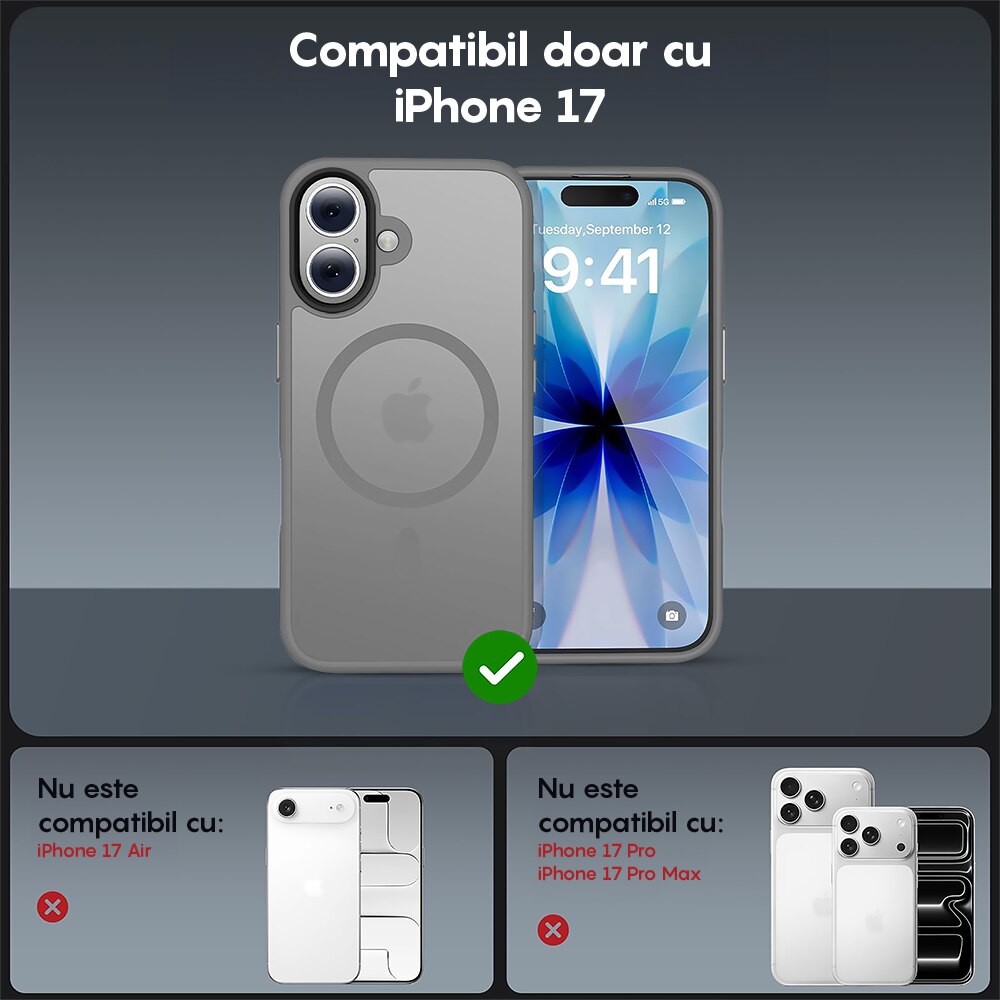Husa compatibila cu Incarcare Magsafe pentru Apple iPhone 17, CASEY STUDIOS™, de Protectie, Slim, pentru Incarcare Wireless, Margini Ridicate pentru Protectia Ecranului si a Camerelor, Gri Deschis
