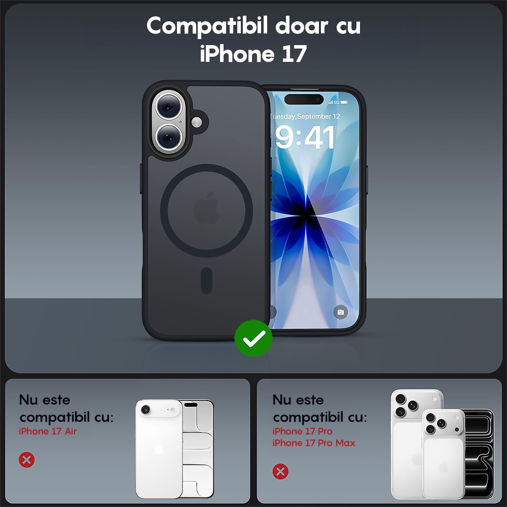 Husa compatibila cu Incarcare Magsafe pentru Apple iPhone 17, CASEY STUDIOS™, de Protectie, Slim, pentru Incarcare Wireless, Margini Ridicate pentru Protectia Ecranului si a Camerelor, Negru