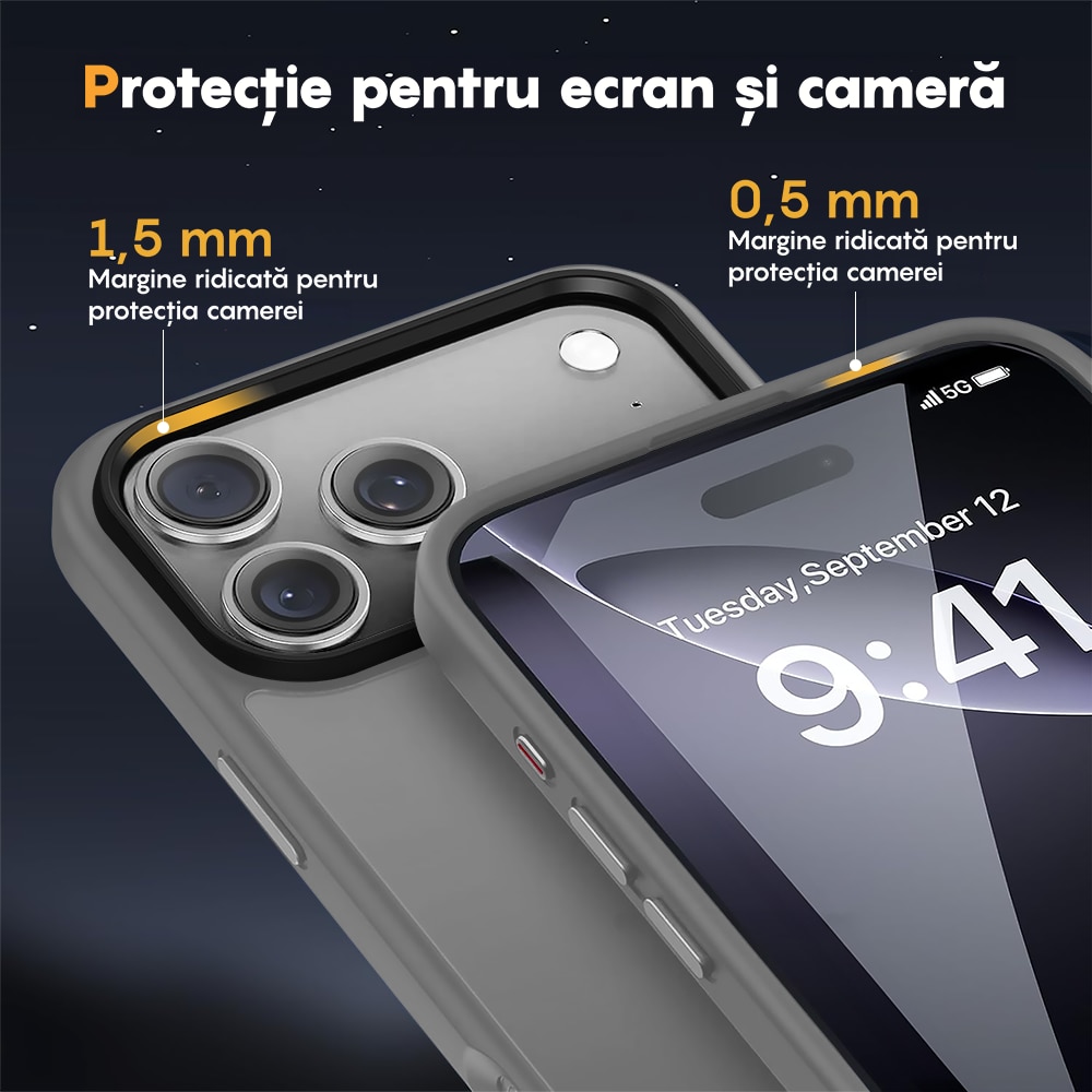 Husa compatibila cu Incarcare Magsafe pentru Apple iPhone 17 Pro Max, CASEY STUDIOS™, de Protectie, Slim, pentru Incarcare Wireless, Margini Ridicate pentru Protectia Ecranului si a Camerelor, Gri Deschis