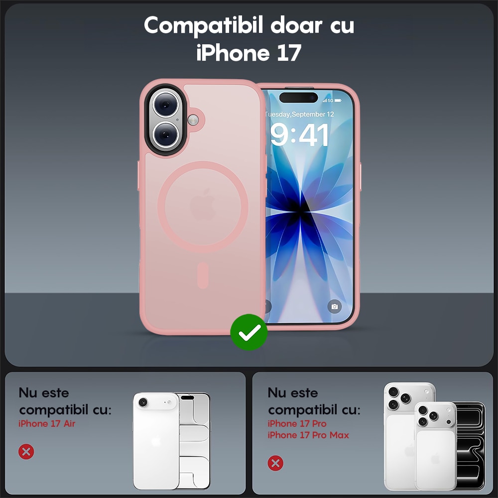 Husa compatibila cu Incarcare Magsafe pentru Apple iPhone 17, CASEY STUDIOS™, de Protectie, Slim, pentru Incarcare Wireless, Margini Ridicate pentru Protectia Ecranului si a Camerelor, Roz