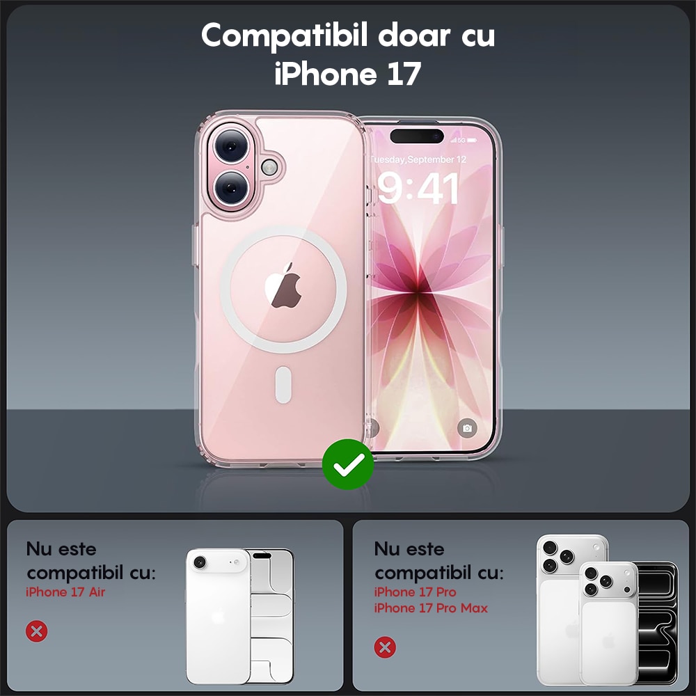Husa compatibila cu Incarcare Magsafe pentru Apple iPhone 17, CASEY STUDIOS™, de Protectie, Slim, pentru Incarcare Wireless, Margini Ridicate pentru Protectia Ecranului si a Camerelor, Transparent