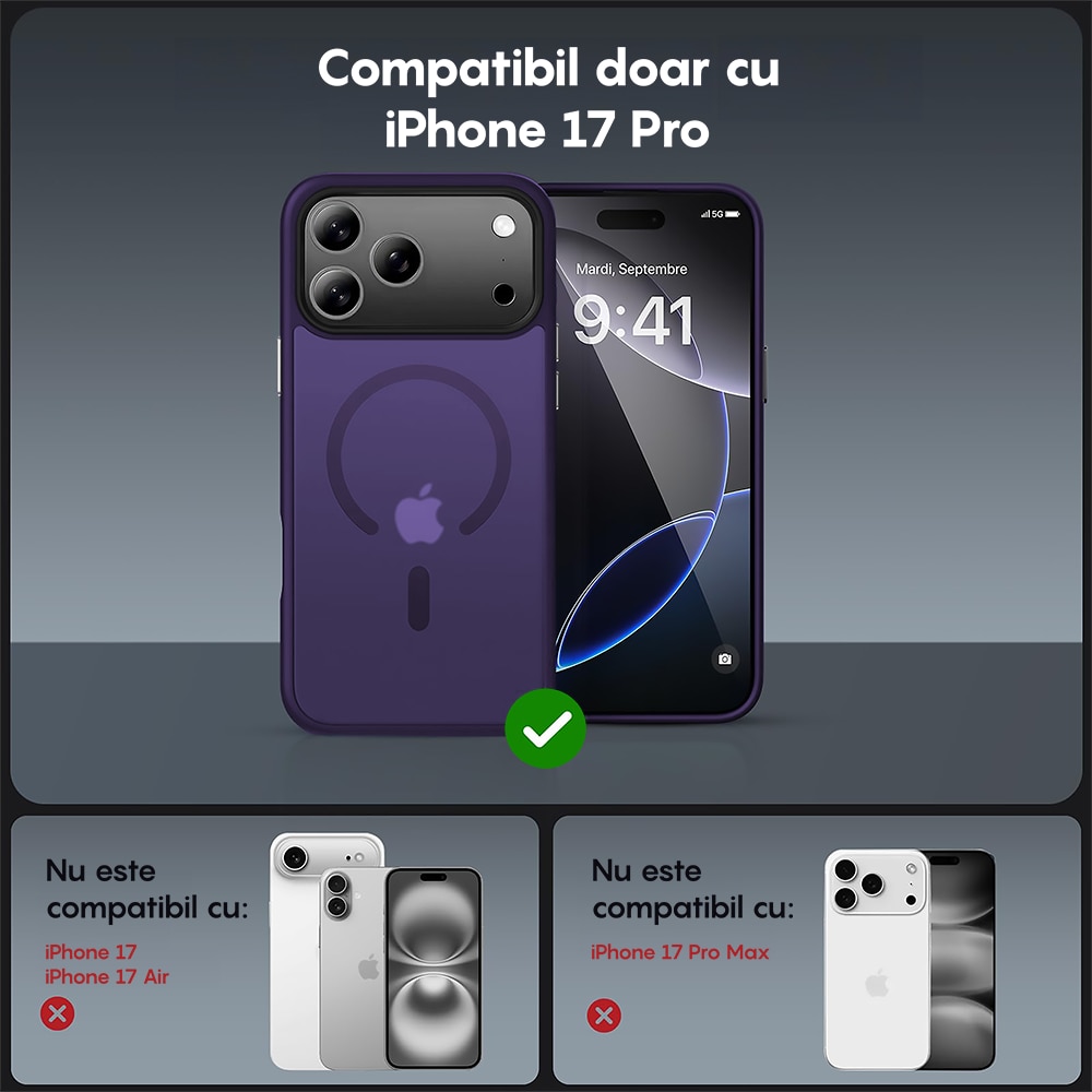 Husa compatibila cu Incarcare Magsafe pentru Apple iPhone 17 Pro, CASEY STUDIOS™, de Protectie, Slim, pentru Incarcare Wireless, Margini Ridicate pentru Protectia Ecranului si a Camerelor, Mov Inchis