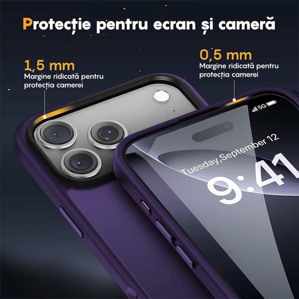 Husa compatibila cu Incarcare Magsafe pentru Apple iPhone 17 Pro, CASEY STUDIOS™, de Protectie, Slim, pentru Incarcare Wireless, Margini Ridicate pentru Protectia Ecranului si a Camerelor, Mov Inchis