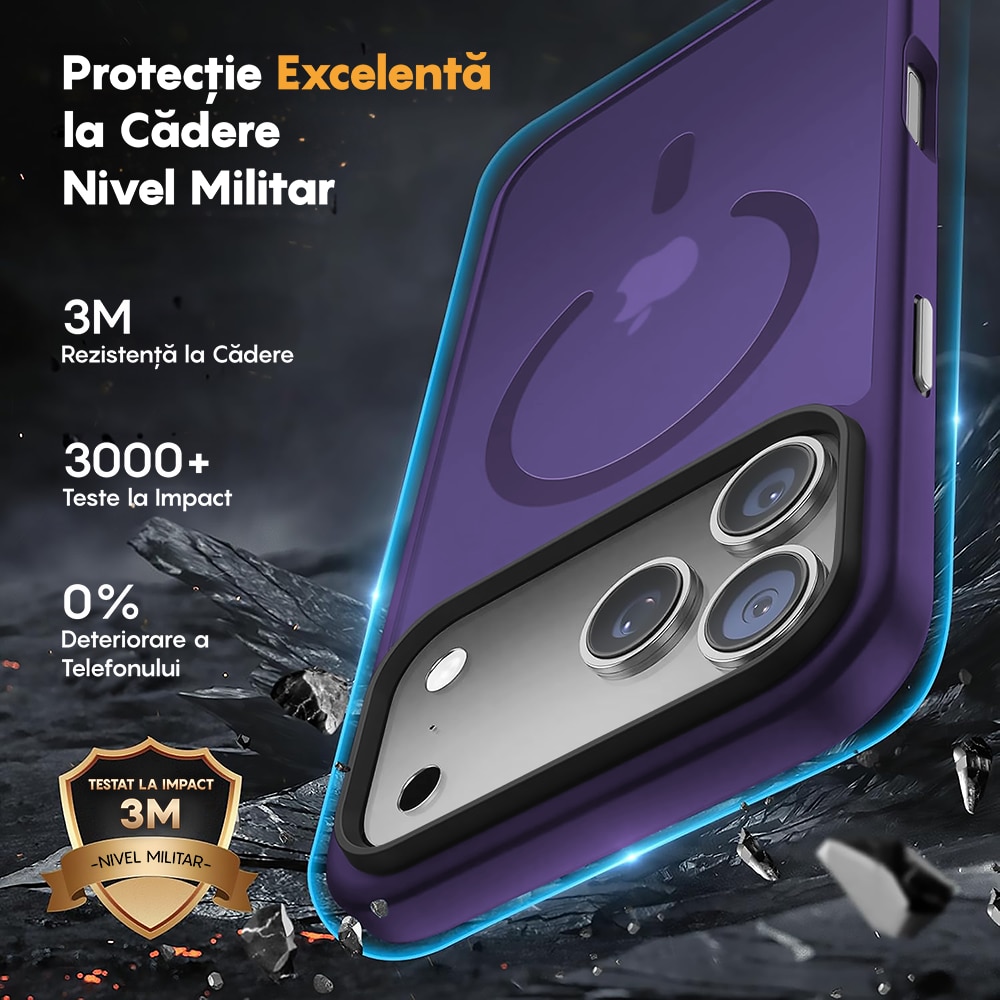 Husa compatibila cu Incarcare Magsafe pentru Apple iPhone 17 Pro, CASEY STUDIOS™, de Protectie, Slim, pentru Incarcare Wireless, Margini Ridicate pentru Protectia Ecranului si a Camerelor, Mov Inchis