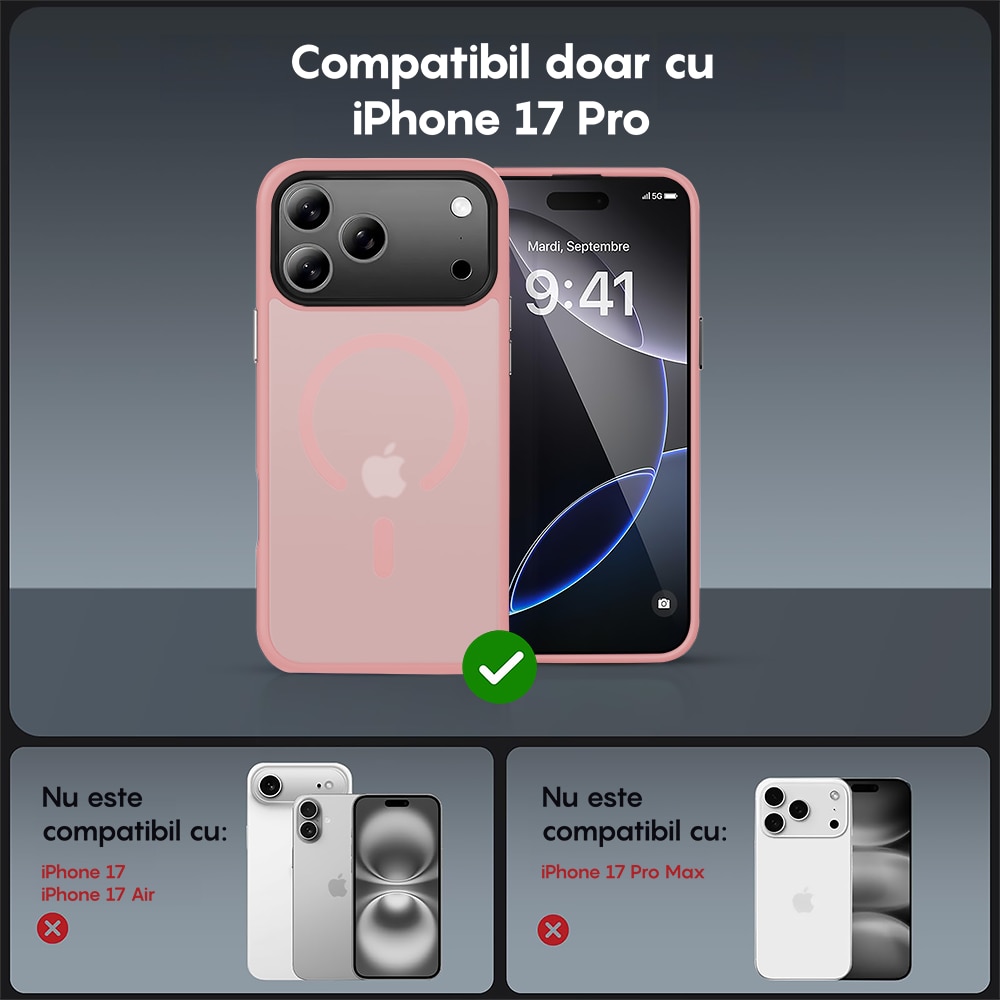 Husa compatibila cu Incarcare Magsafe pentru Apple iPhone 17 Pro Max, CASEY STUDIOS™, de Protectie, Slim, pentru Incarcare Wireless, Margini Ridicate pentru Protectia Ecranului si a Camerelor, Roz