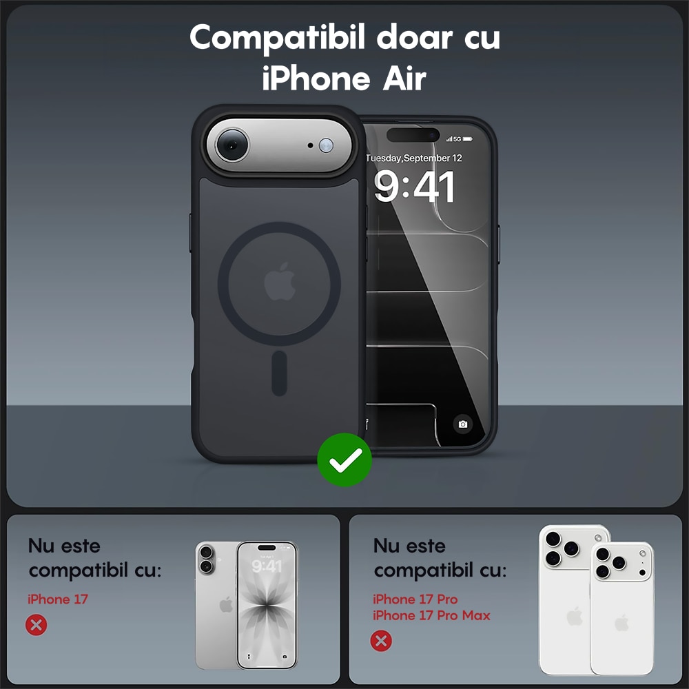 Husa compatibila cu Incarcare Magsafe pentru Apple iPhone 17 Air, CASEY STUDIOS™, de Protectie, Slim, pentru Incarcare Wireless, Margini Ridicate pentru Protectia Ecranului si a Camerelor, Negru