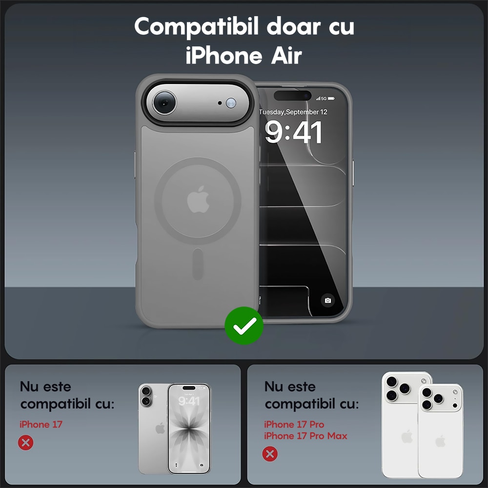 Husa compatibila cu Incarcare Magsafe pentru Apple iPhone 17 Air, CASEY STUDIOS™, de Protectie, Slim, pentru Incarcare Wireless, Margini Ridicate pentru Protectia Ecranului si a Camerelor, Gri Deschis