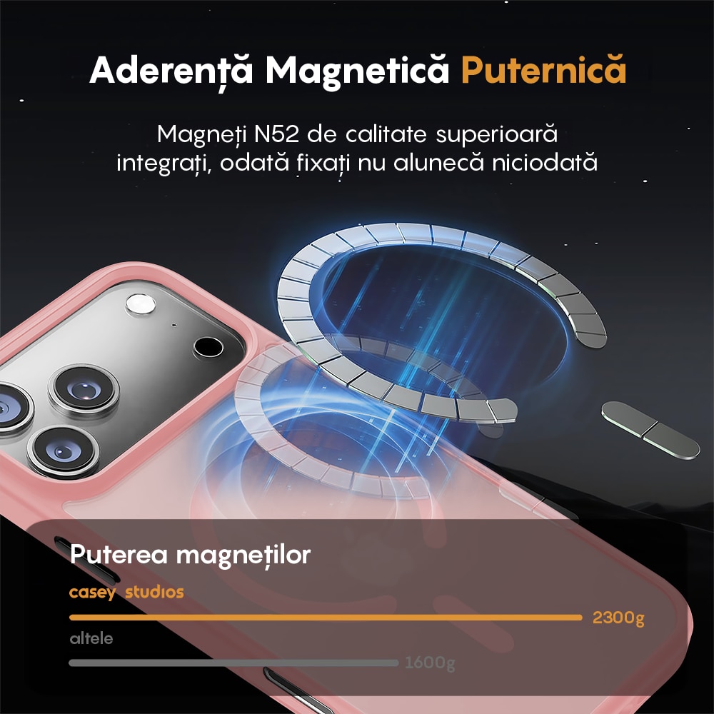 Husa compatibila cu Incarcare Magsafe pentru Apple iPhone 17 Pro Max, CASEY STUDIOS™, de Protectie, Slim, pentru Incarcare Wireless, Margini Ridicate pentru Protectia Ecranului si a Camerelor, Roz