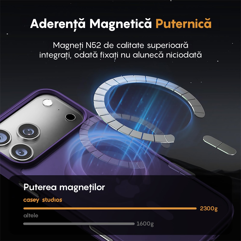 Husa compatibila cu Incarcare Magsafe pentru Apple iPhone 17 Pro, CASEY STUDIOS™, de Protectie, Slim, pentru Incarcare Wireless, Margini Ridicate pentru Protectia Ecranului si a Camerelor, Mov Inchis