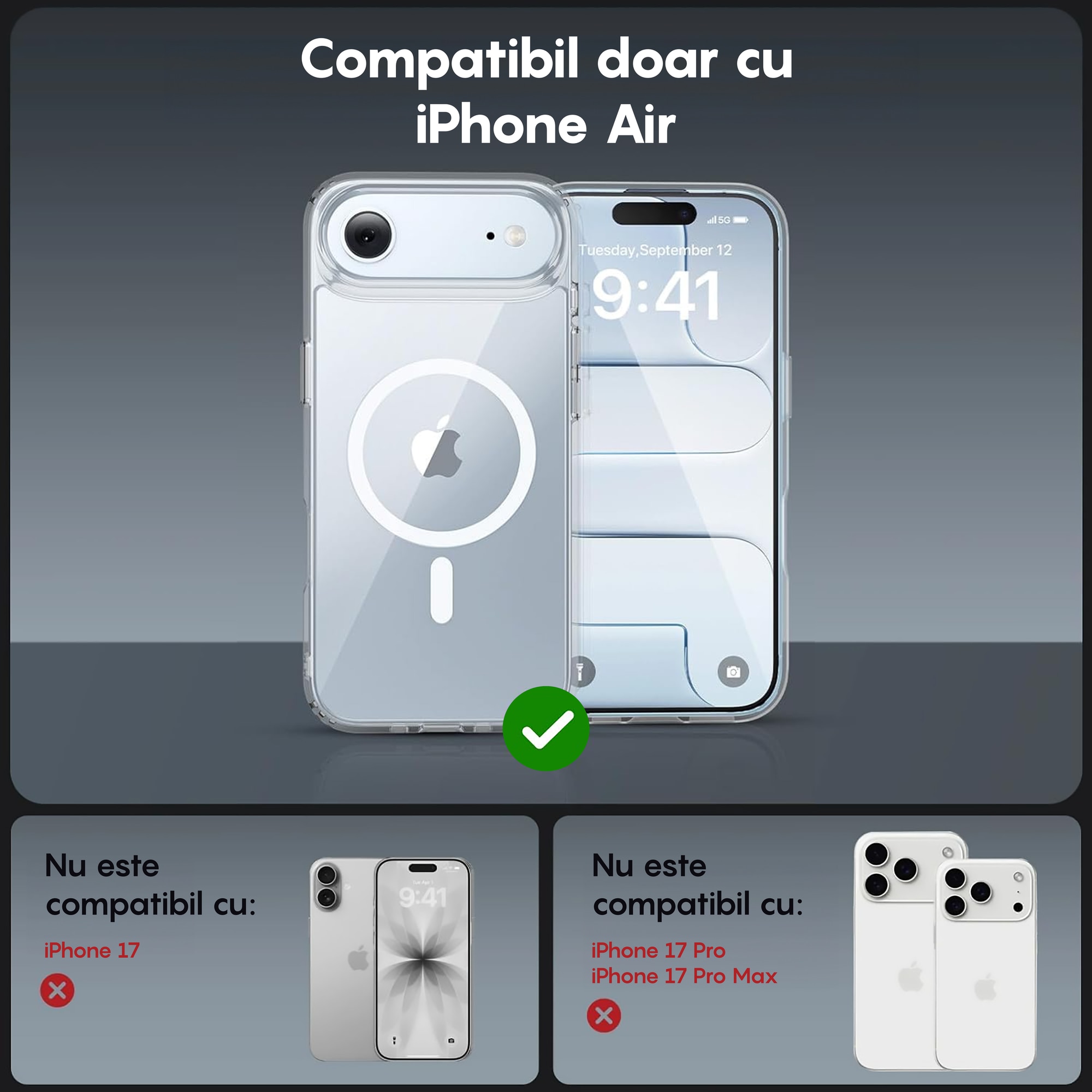 Husa compatibila cu Incarcare Magsafe pentru Apple iPhone 17 Air, CASEY STUDIOS™, pentru Incarcare Wireless, Margini Ridicate pentru Protectia Ecranului si a Camerelor, Transparent