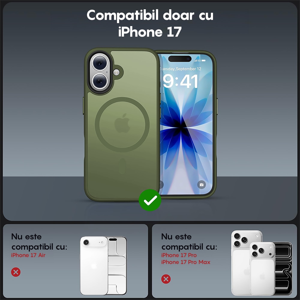 Husa compatibila cu Incarcare Magsafe pentru Apple iPhone 17, CASEY STUDIOS™, de Protectie, Slim, pentru Incarcare Wireless, Margini Ridicate pentru Protectia Ecranului si a Camerelor, Verde Deschis
