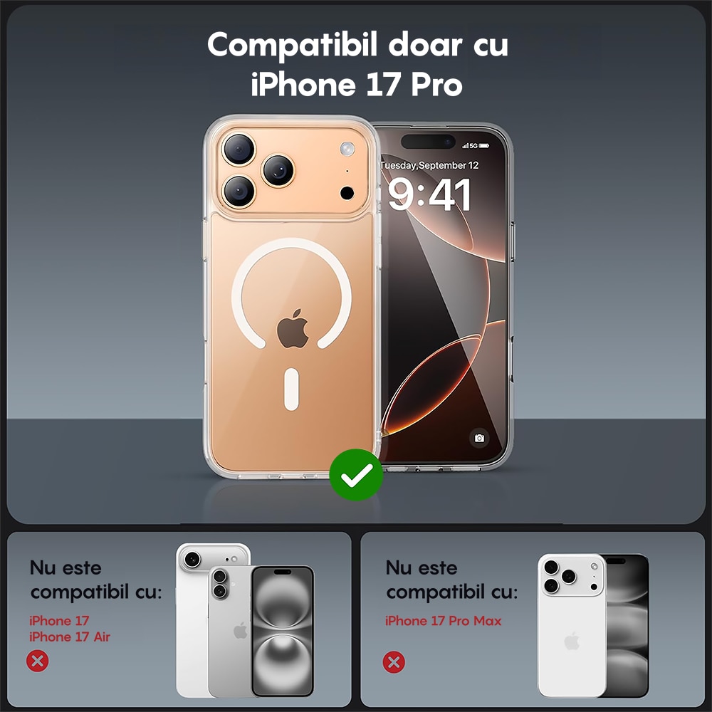 Husa compatibila cu Incarcare Magsafe pentru Apple iPhone 17 Pro Max, CASEY STUDIOS™, de Protectie, Slim, pentru Incarcare Wireless, Margini Ridicate pentru Protectia Ecranului si a Camerelor, Transparent