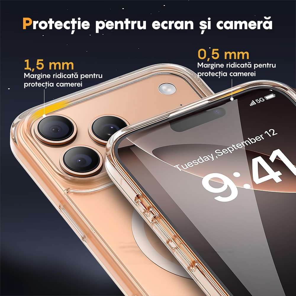 Husa compatibila cu Incarcare Magsafe pentru Apple iPhone 17 Pro Max, CASEY STUDIOS™, de Protectie, Slim, pentru Incarcare Wireless, Margini Ridicate pentru Protectia Ecranului si a Camerelor, Transparent
